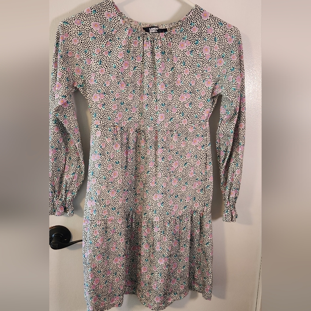 Lands End Girl's Floral Long Sleeve  Dress With Pockets